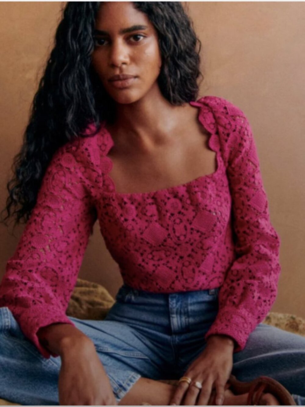 NWT Sezane Alvere Guipre Lace Square Neck Top Blouse Fuschia 8 - Picture 2 of 9